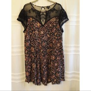 Brown Yellow Paisley Print Dress Embroidered Lace